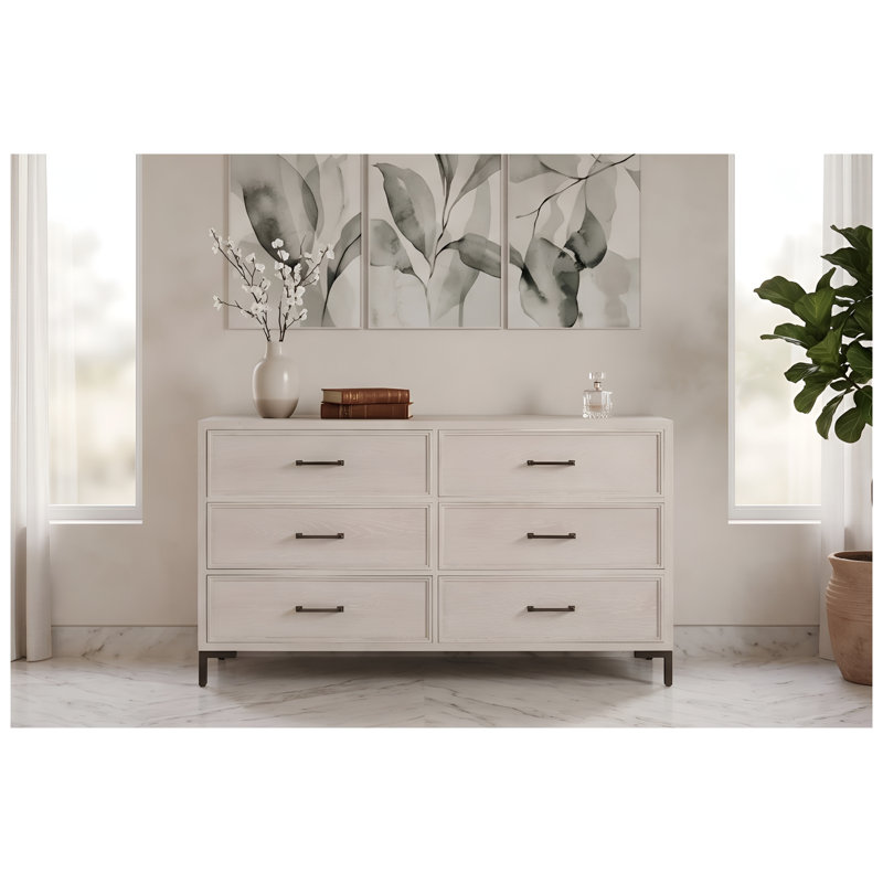 Commode à 6 tiroirs en bois massif blanc antique et MDF avec plateau à bijoux et pattes en métal
