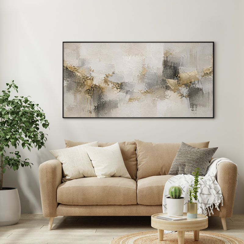 Très grand art mural imprimé sur toile - Accents dorés abstraits décoratifs de salon contemporain - «Assemblage requis du cadre (cadre non fini)»