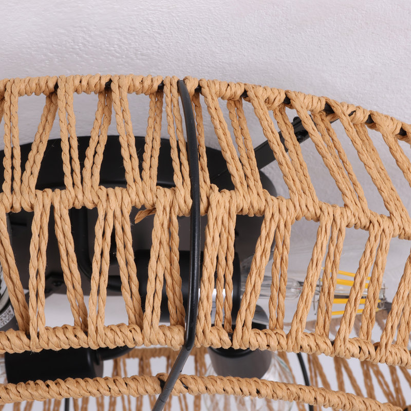 Plafonnier encastré 4 lumières 19 pouces Boho, cadre en métal noir avec abat-jour en corde de papier tissé à la main, sans ampoules incluses