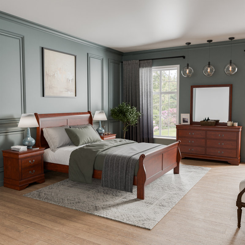 Ensemble de chambre à coucher 5 pièces Aberdeen, Brun, Très grand, Cinq pièces : Lit, 2 tables de chevet, commode, m