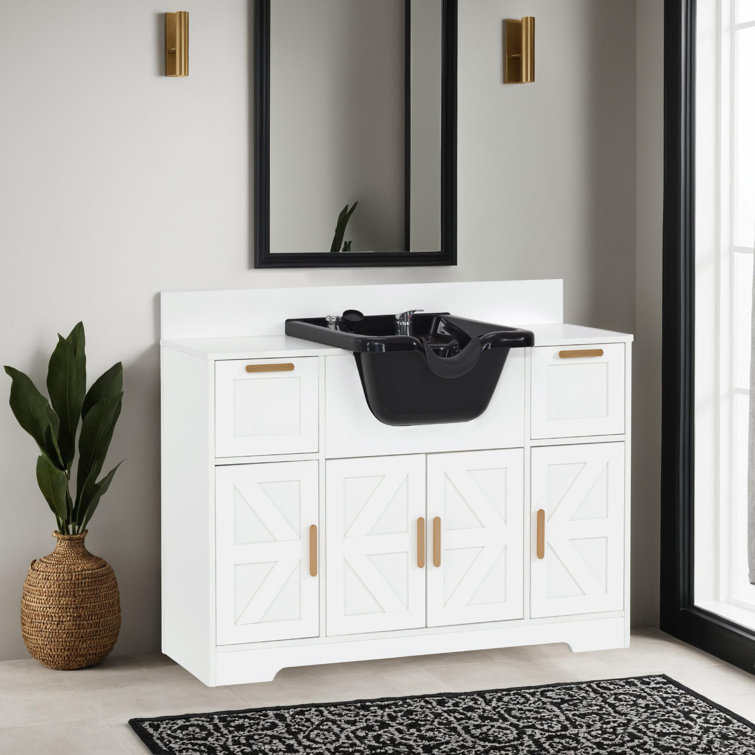 Shampoo Sink with Storage Cabinet and Drawer, Backwash Shampoo Bowl with Sprayer for Barber Salon Shop