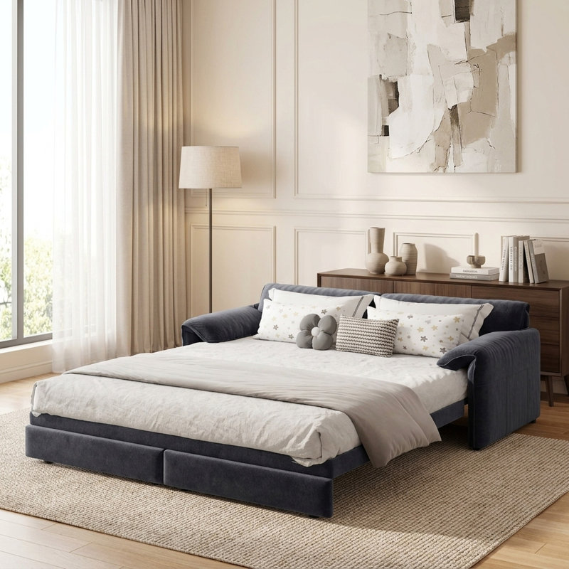 Canapé-lit gigogne 3 en 1 en velours gris multifonctionnel de 85 cm de large avec rangement latéral