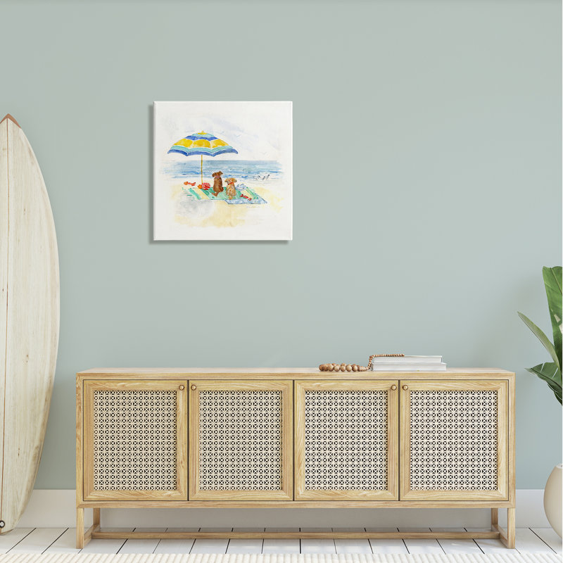 Mignon chien ludique relaxant au bord de la plage par Sally Swatland - Peinture, H 24 po x l 24 po x P 1,5 po, Toile tendue