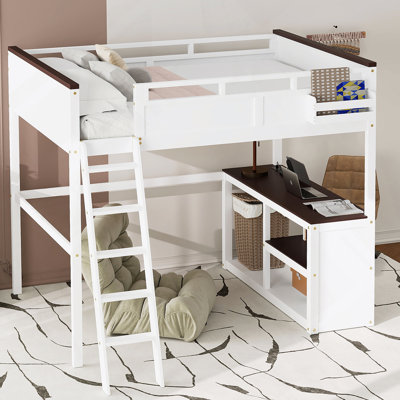 Grand lit mezzanine avec bureau, tablette ouverte et boîte de rangement, station de charge USB, blanc