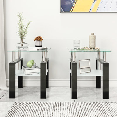 Table carrée en verre trempé transparent / noir - et élégant carré de chambre à coucher moderne, transparent / noir, ameublement élégant