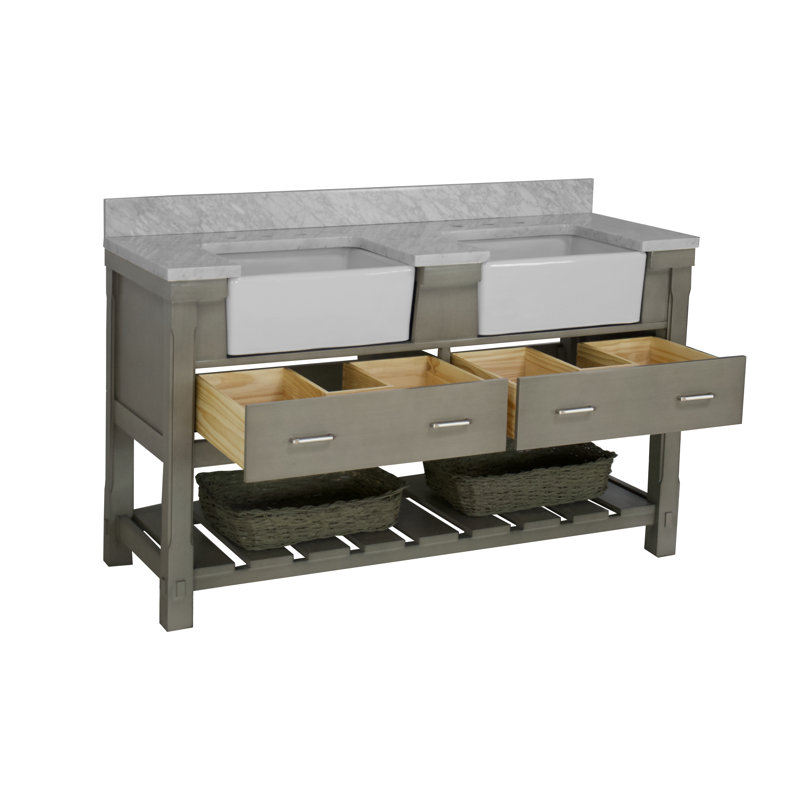 Ensemble de meuble-lavabo double 60 po Hitton, Gris patiné, Carrara d'ingénierie