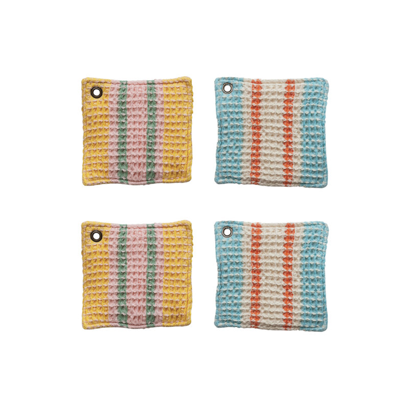 Multicolor Cotton Waffle Weave Pot Holder Set with Leather Loop