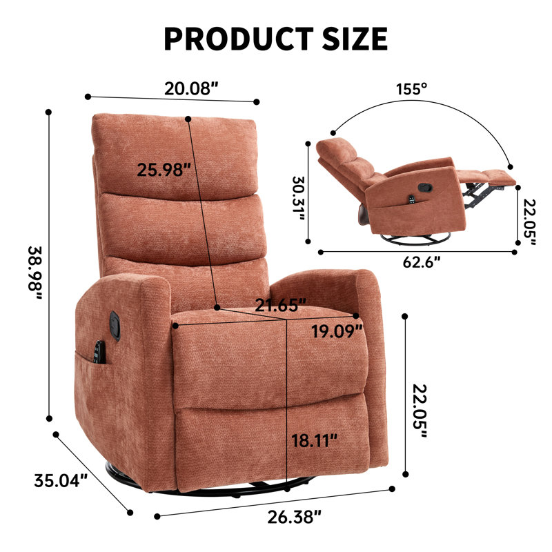 Heat Massage Manual Recliner Chair With Rocker And Swivel In Fabric For Living Room, Brown Fabric