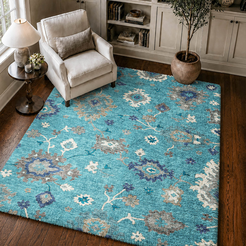 Tapis Oushak Dream Shag ADS753, lavable à la machine, de qualité supérieure, Teal, 5' x 7'6"