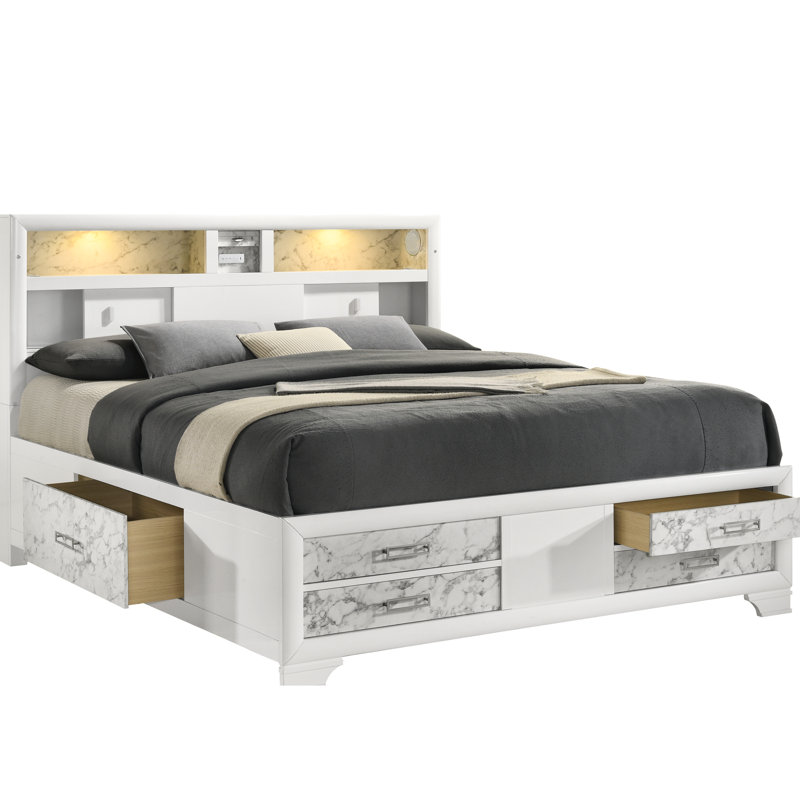 Grand lit en bois blanc de style moderne avec panneaux en marbre, éclairage de tête de lit, tiroirs de rangement et de rangement en bois d'aspect bois, avec tiroirs, audio pour la chambre à coucher