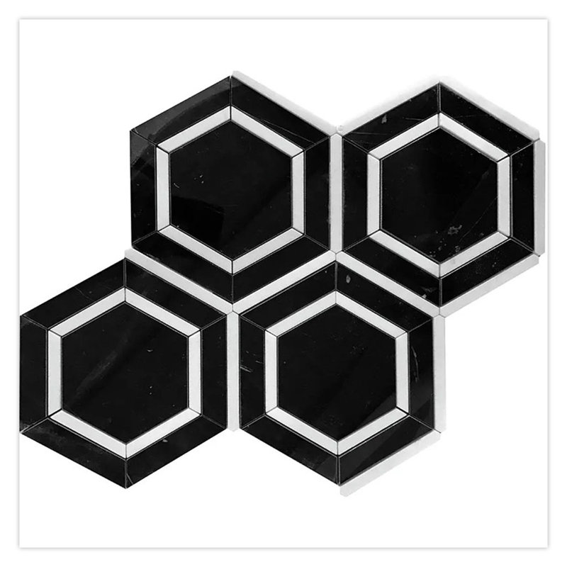 Noir Luxe 11 x 13 Nero Marquina, Thassos Marble Polished Raven Black Mosaic Hexagon Tile (5.21 Sq Ft/Case) - 5 Pack