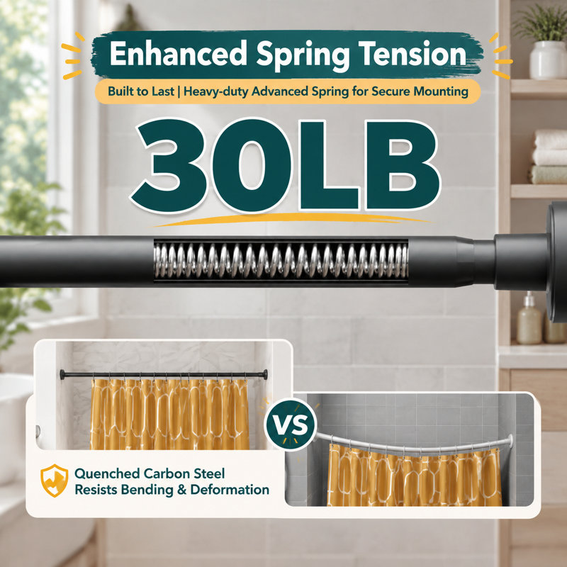 For bathrooms and bathtubs, this black heavy-duty spring-tension shower rod adjusts from 26-80inch; the 1" diameter design requires no drilling and is non-slip and rust proof.
