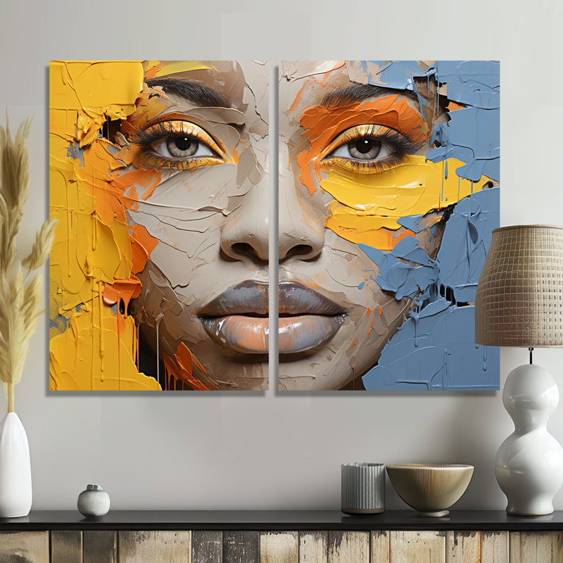 Jaune et bleu, peinture, collage, portrait - impressions sur toile 2 panneaux, Wrapped Canvas, Does Not Apply, 36" H x 48" W