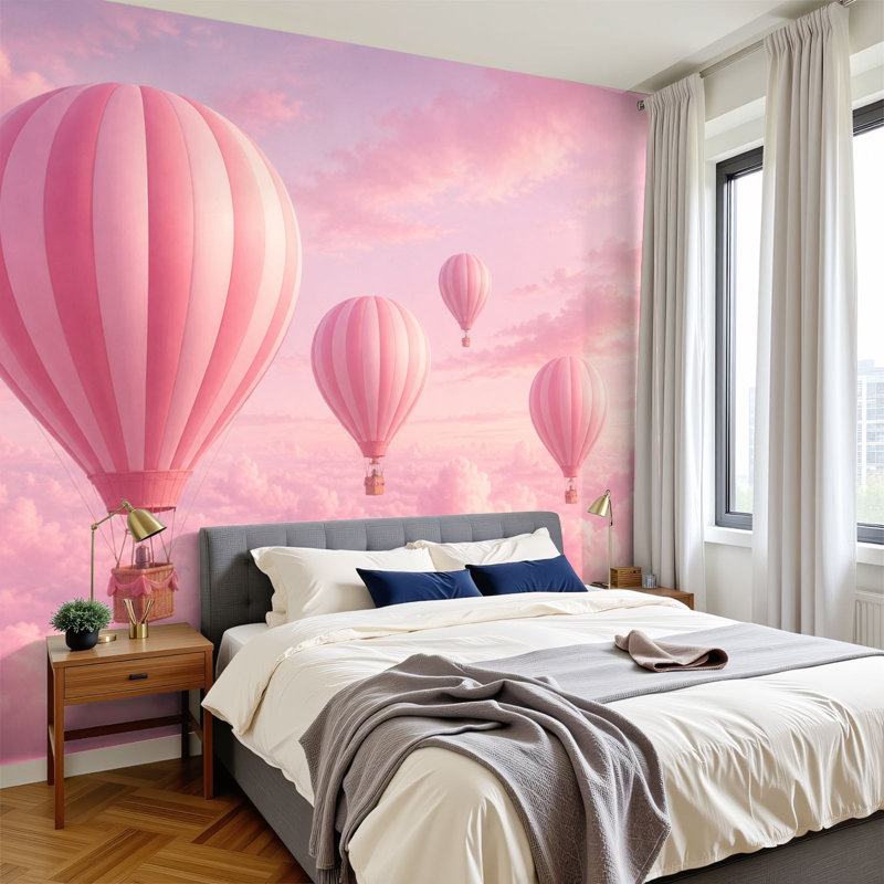 Papier peint adhésif pelez et collez, montgolfières roses, flottant, doux, ciel pastel, décorations murales, H 100 po x l 144 po, papier mural amovible en PVC, autocollant, pour chambre, salon, bureau à domicile