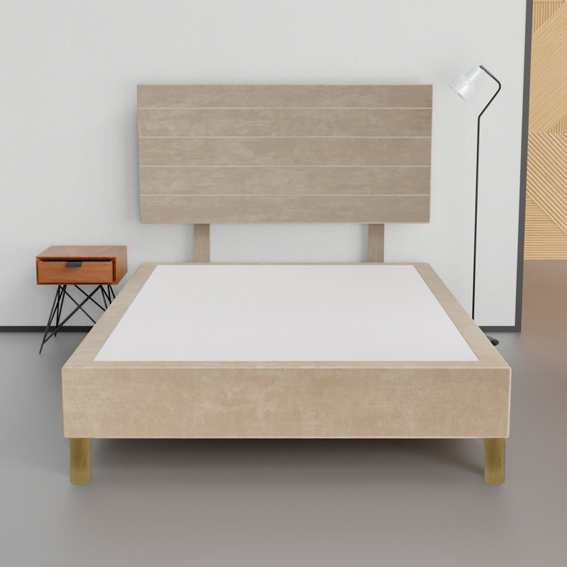 15" Premium Velvet Material Box Spring/Bed Frame With Headboard, Durable & Stylish Wooden Legs, Twin, Beige