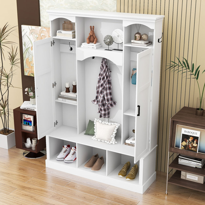 Hall Tree with Adjustable Shelves, Storage Bench and 7 Hooks, White