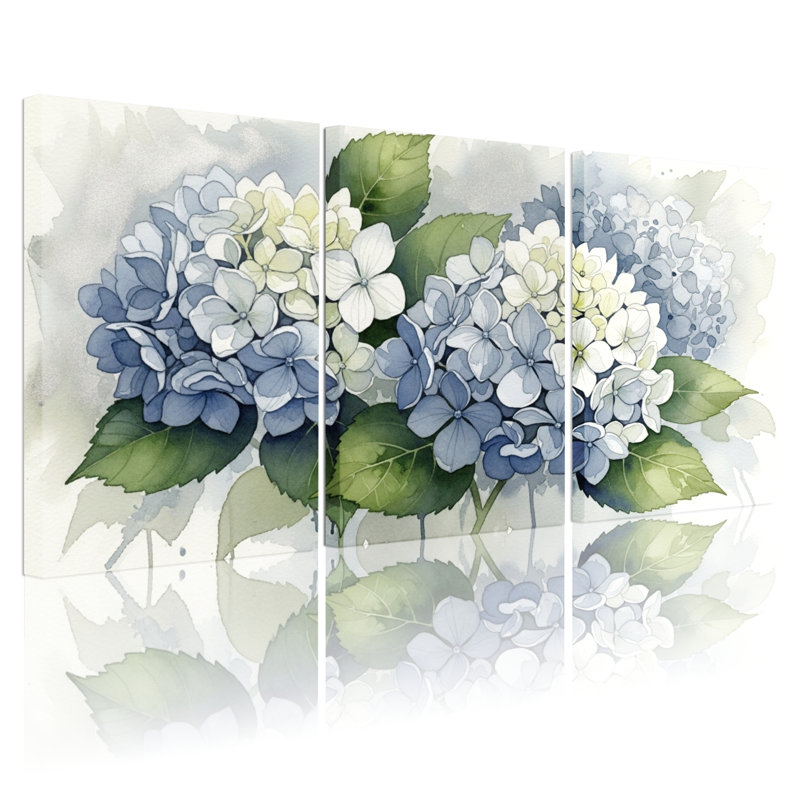 Hydrangées, impression sur toile, ensemble de 3 panneaux, impression botanique moderne pour le salon ou la chambre à coucher