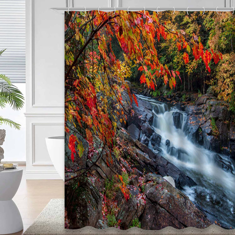 Canada Red Maple Waterfall Park Autumn Shower Curtain with 12 Hooks, 72" L x 84" W