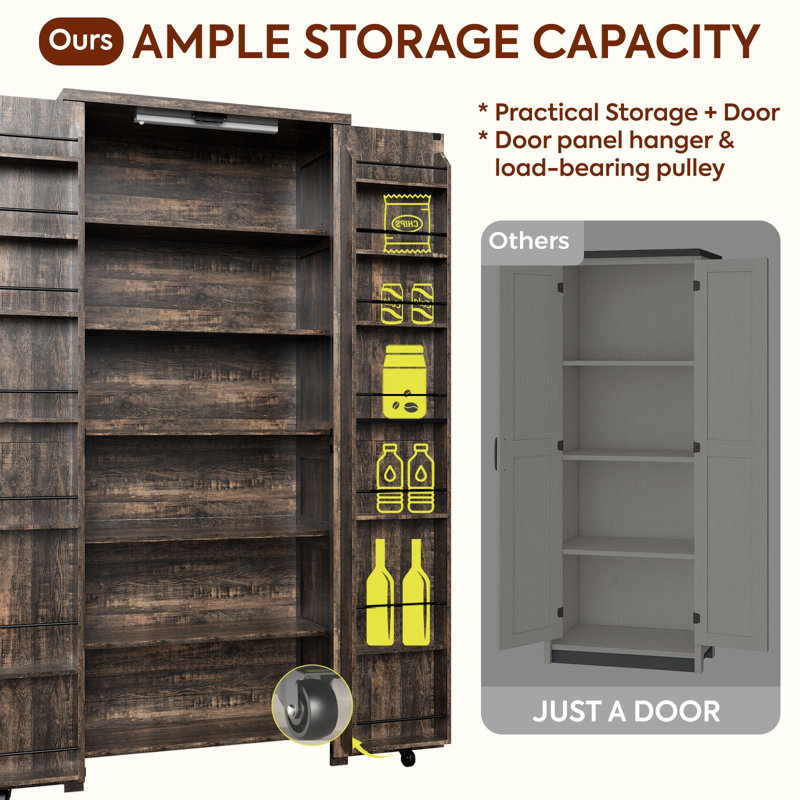 72" Farmhouse Kitchen Pantry Cabinets, Storage Cabinet with LED Lights, Adjustable Shelves and Barn Doors, Brown