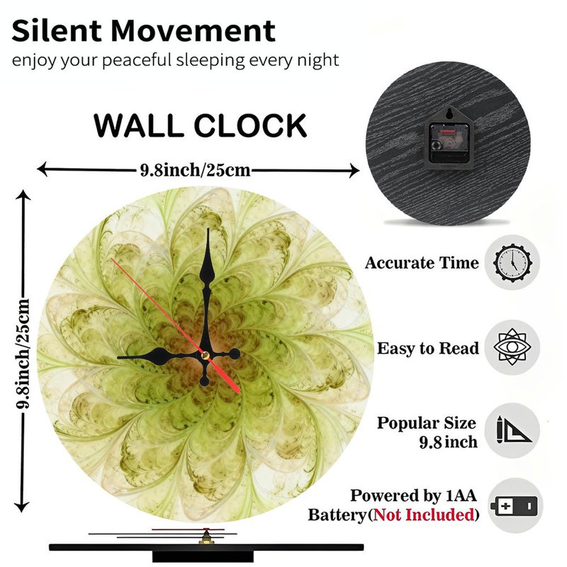 Horloge murale ronde en bois 10 po, mouvement à quartz silencieux, imprimé UV, à piles, Sable olive