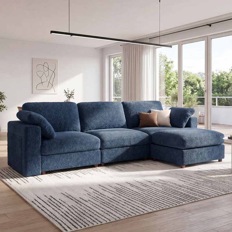 4 - Piece Teddy Modular Sectional Sofa Cloud Couch with Ottoman and 2 Storage Side Table, Blue, 3