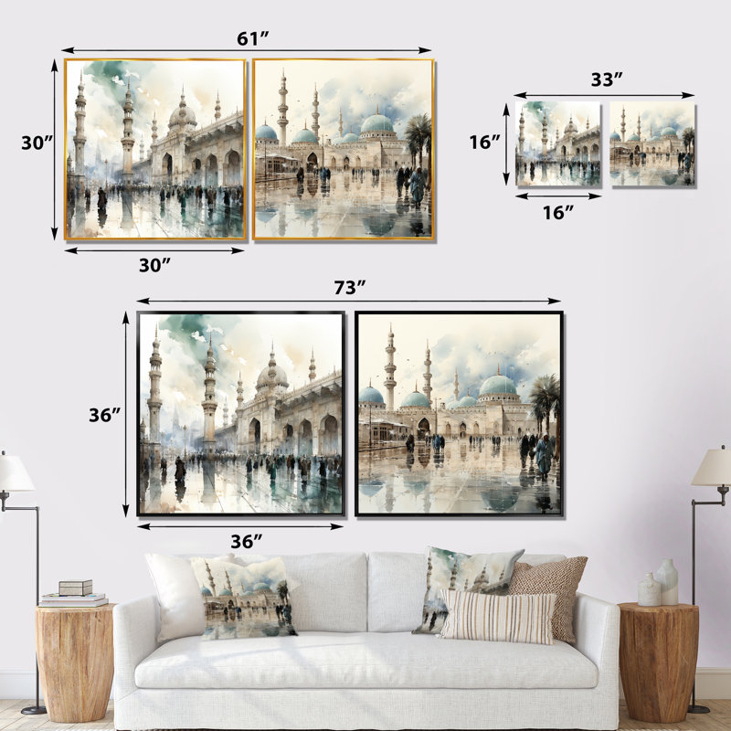 Ensemble de 2 mosquées blanches et bleues, Cadre flottant noir, H 30 po x l 61 po x P 1 po