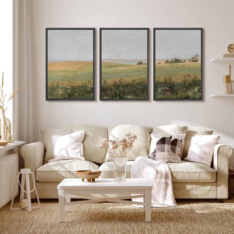 «Tranquil Meadow, scène pastorale chaleureuse, palette de couleurs discrètes, décor de nature sauvage», 3 pièces, Cadre noir