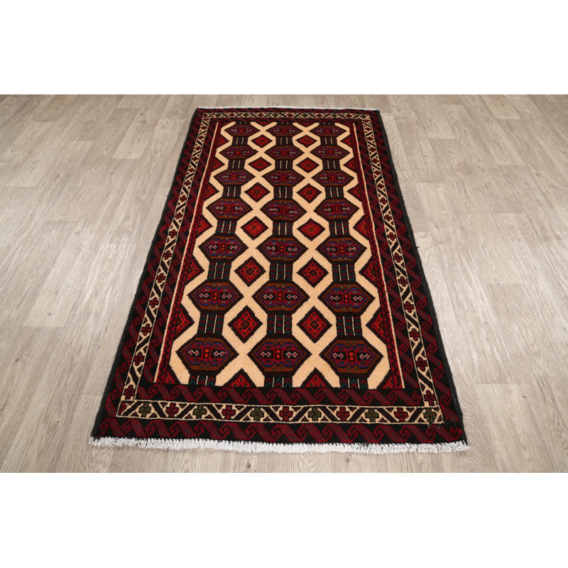 Tapis décoratif en laine de conception unique noué à la main New Age Balouch rouge/Ivoire/noir de 3 pi 4 po x 6 pi 2 po