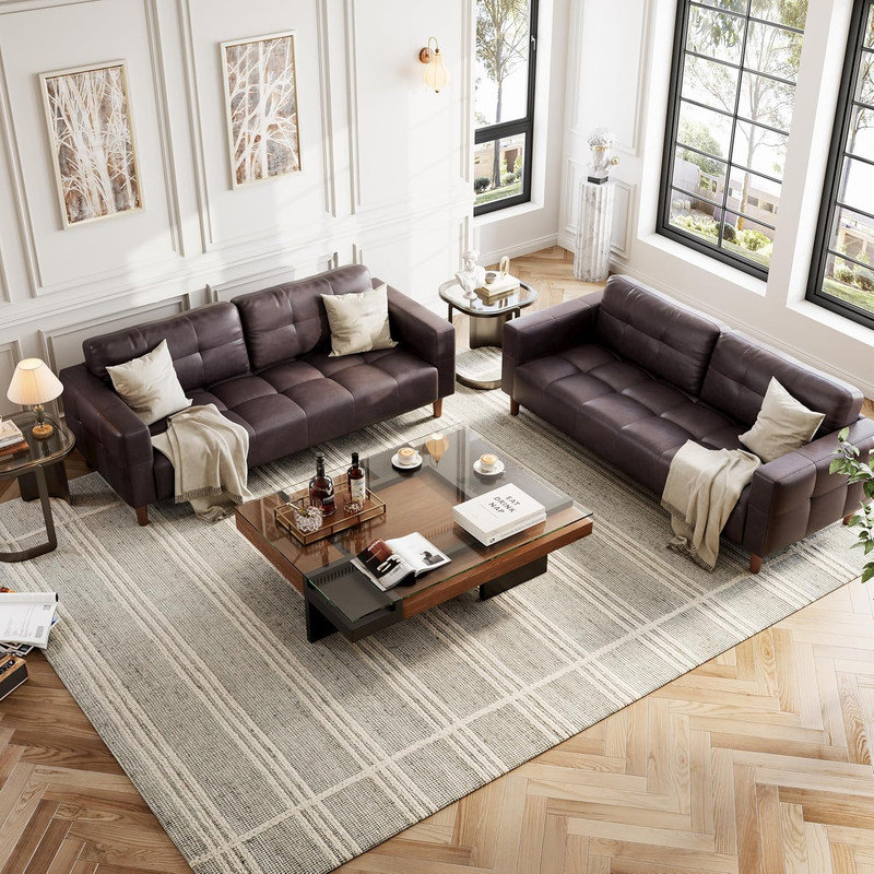 83" 3-Seater Faux Leather Sofa with Spring Cushion, Deep Seat Sofa for Living Room & Office, Brown