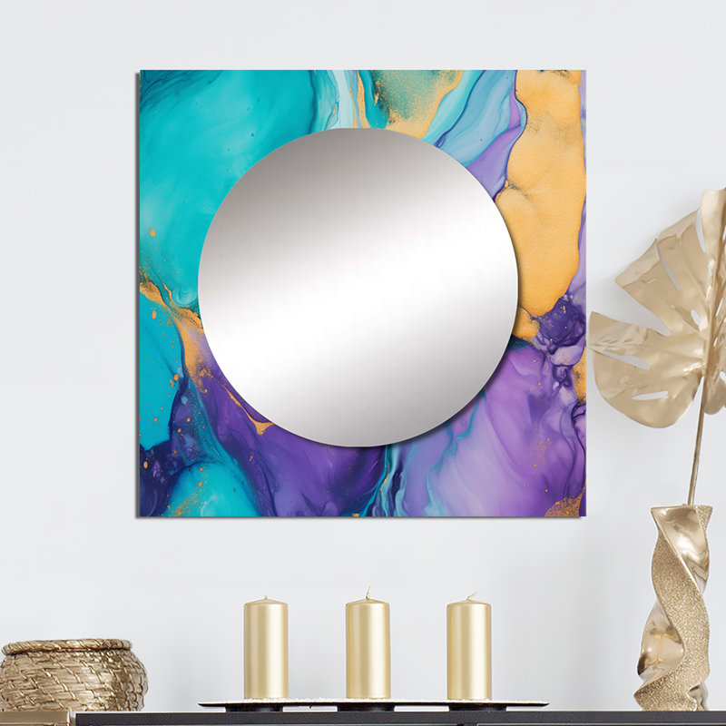 Gelsomino - Turquoise and Purple Liquid Art I Fractals Square Mirror For Wall Art Decor, 36" x 36"