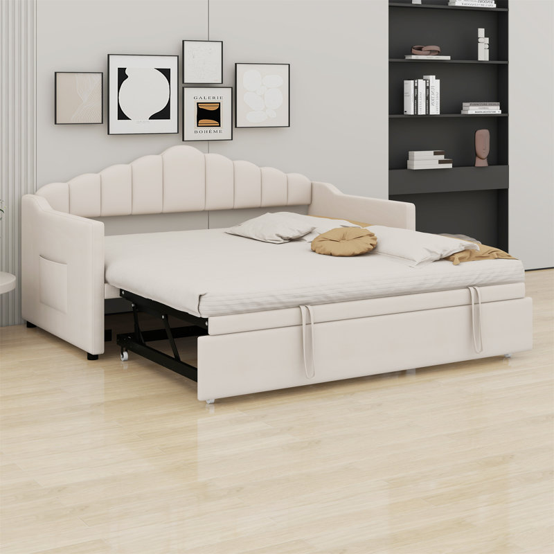 Lit de jour rembourré avec lit gigogne escamotable à hauteur réglable et port de charge USB et Type-C, structure de lit de jour avec 2 poches latérales