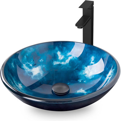 Lavabo vasque de salle de bain artistique, ensemble de meuble-lavabo rond en verre trempé avec robinet bronze huilé et ensemble de bonde escamotable, bleu océan