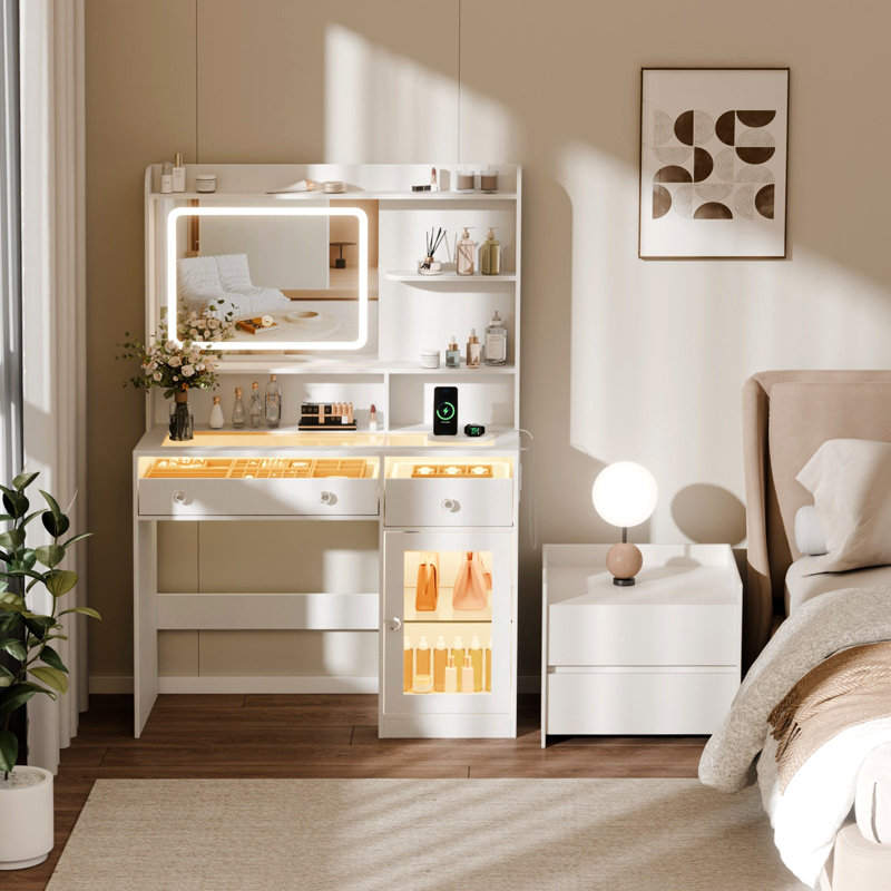 Makeup Vanity with LED Lighted Mirror, 2 Transparent Visible Drawers & Cabinet, Crystal Handle, 3 Open Shelves, for Bedroom & Dressing Room