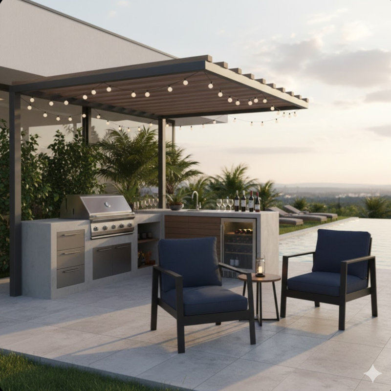 Set Of 2   28" All-Weather Aluminum Patio Armchairs With Thick Blue Cushions & Black Frame, Blue