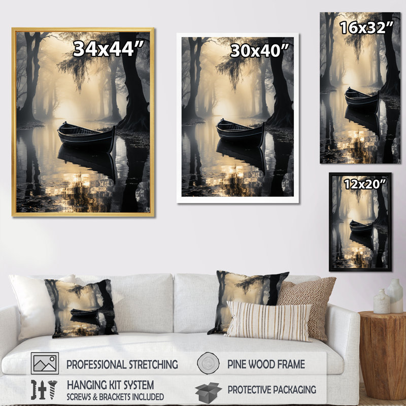 " Beige Canal Serene Waterways Jet ", Black Picture Framed, 20" H x 12" W x 1" D
