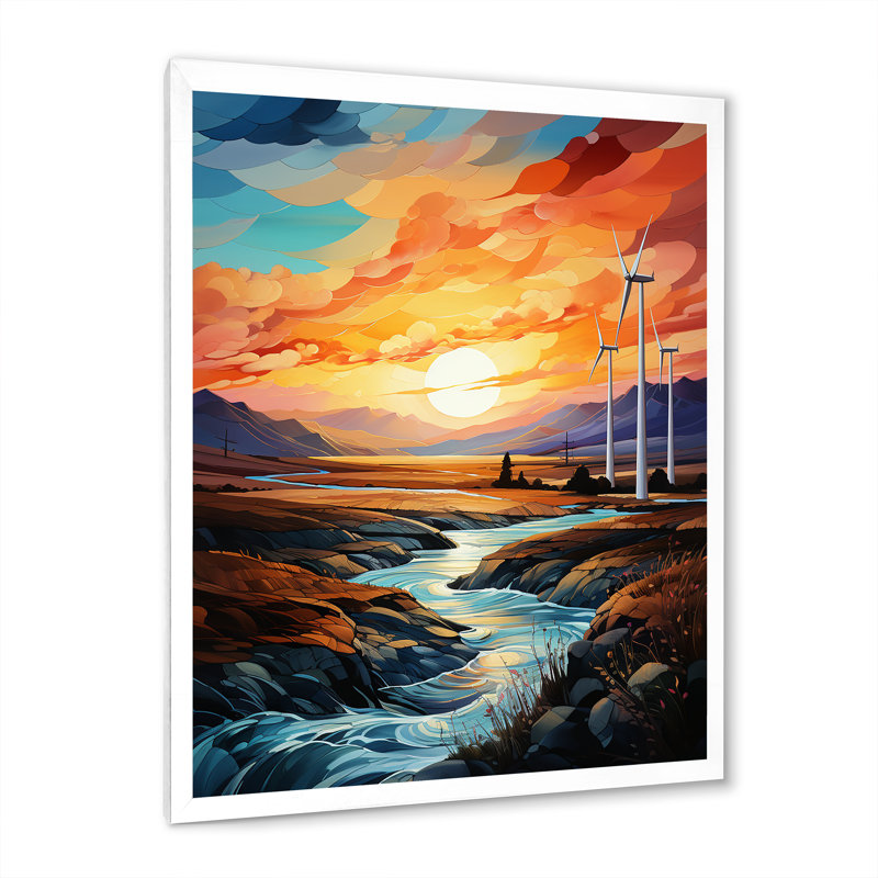Wind Turbines Sunrise Valley I sur toile, Cadre simple blanc, H 40 po x l 30 po x P 1,5 po