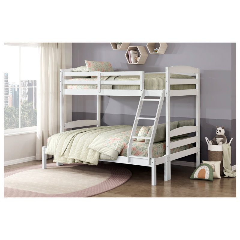 Lit superposé simple sur lit double avec garde-corps, structure en bois robuste au fini blanc pour chambre d'enfant