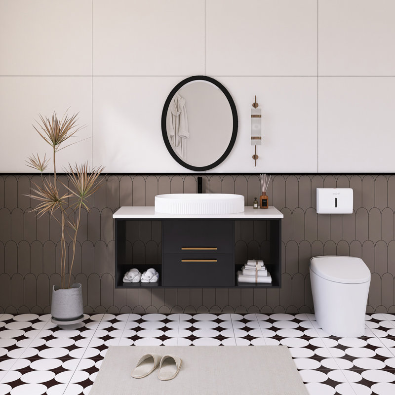 Meuble-lavabo mural simple 40 po avec comptoir en bois massif et manufacturé, Noir