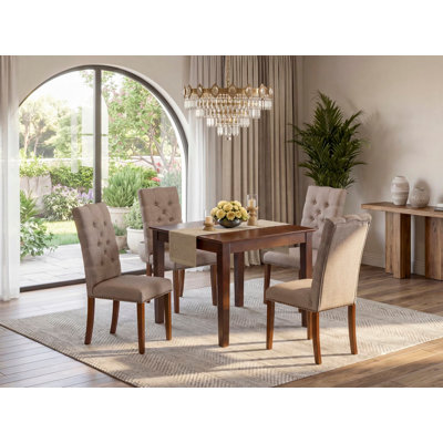 Ensemble de table de salle à manger 5 pièces comprenant une table de cuisine carrée et 4 chaises de salle à manger Parson en tissu kaki foncé, acajou