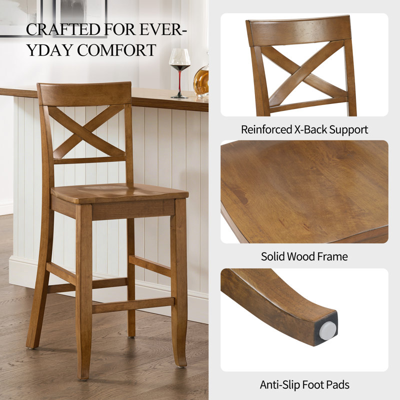 Solid Wood X-Back Counter Height Bar Stool, Walnut