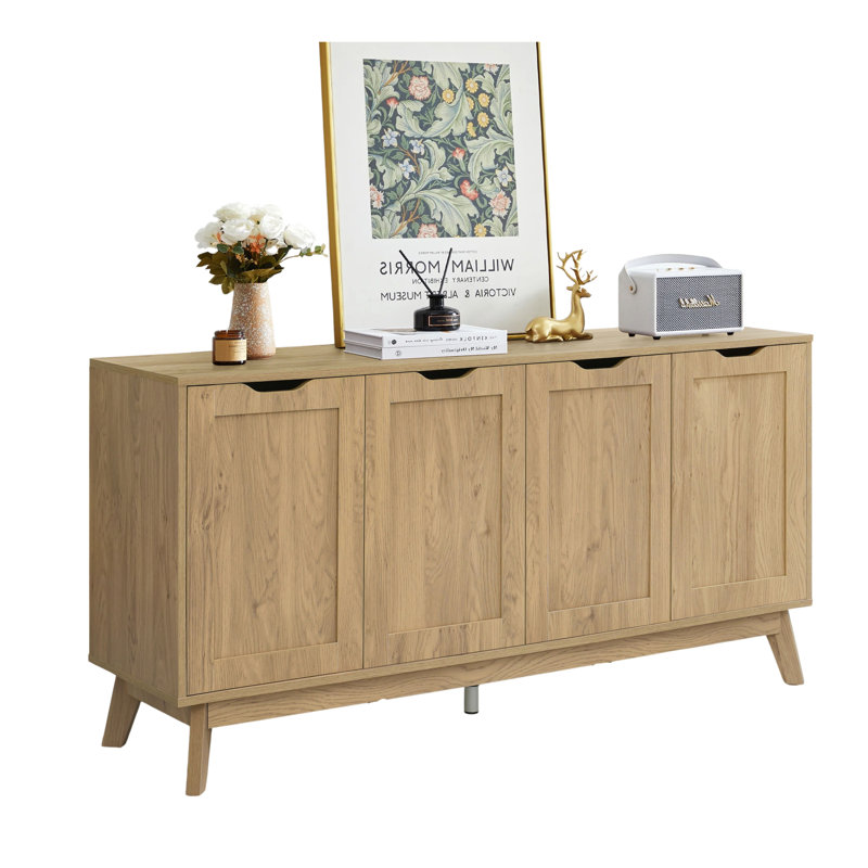 Nordica Large Buffet Sideboard Cabinet with Storages, 60" Modern Buffet Table Coffee Bar Wine Bar Storage Cabinet with 4 Doors for Dining Room, Living Room, Hallway, Oak