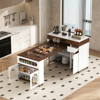 This Walnut-Wood, Cream-White Kitchen And Dining Set Features A Retractable Dining Table And A Movable Island With Folding Mechanism, Power Outlets, Brake Lock, And Drawers, Making It Suitable For Various Kitchen And Dining Room Settings.