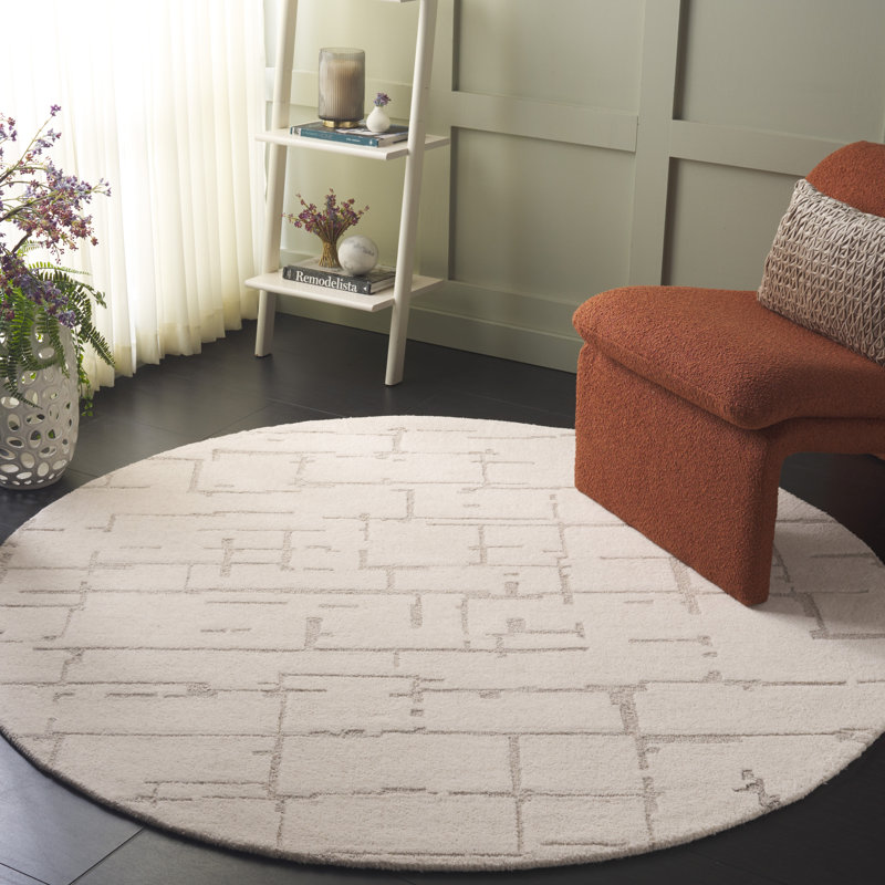 Dizdar Ebony Hand Tufted Wool/Cotton Abstract Rug in Ivory/Gray, Round 6'