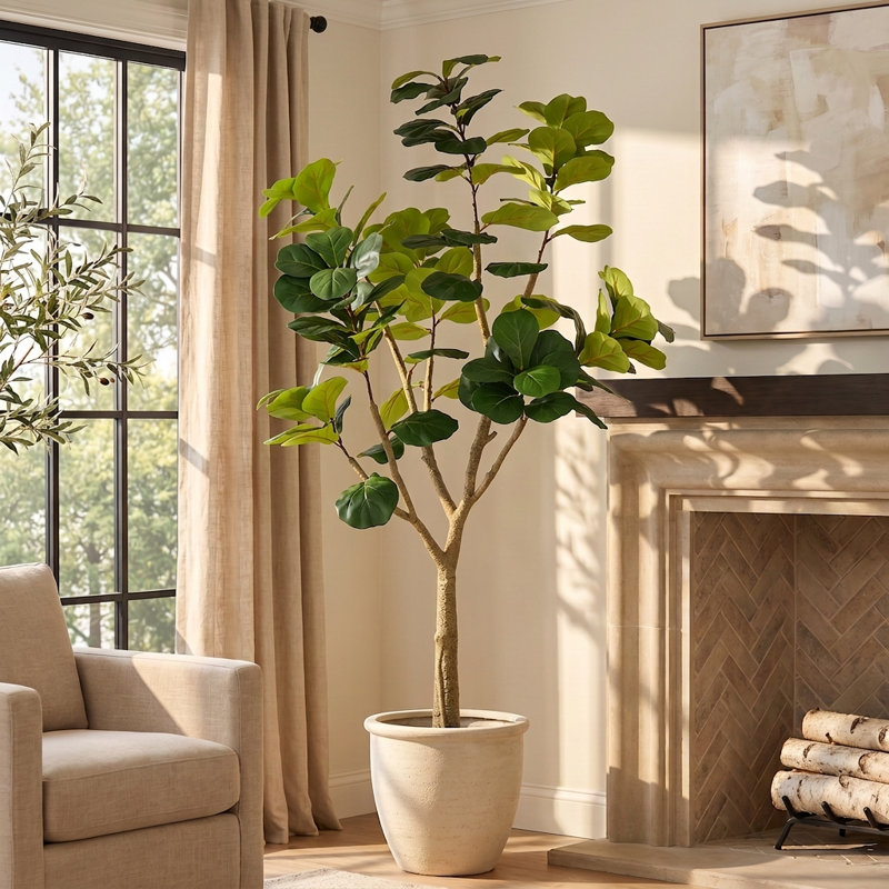 7FT Artificial Fiddle Leaf Fig Tree, Tall Lifelike Faux Plant in Black Pot for Home Office Decor