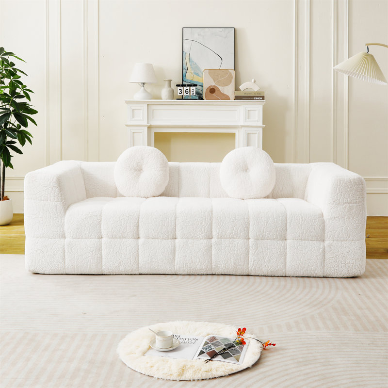 Canapé moderne sans os 84,6 pouces avec deux coussins décoratifs circulaires, Beige, H 30 po x l 84,6 po x P 37,4 po