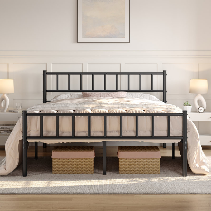 Minimalist Metal Bed Frame with Slatted Headboard, Kingsize (5'), Black