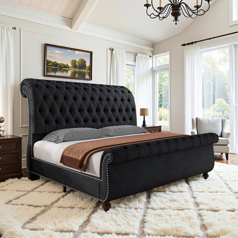 Tufted Wingback Velvet Platform Bed With Nailhead Trim, Curved Sleigh Designing, Black, California King