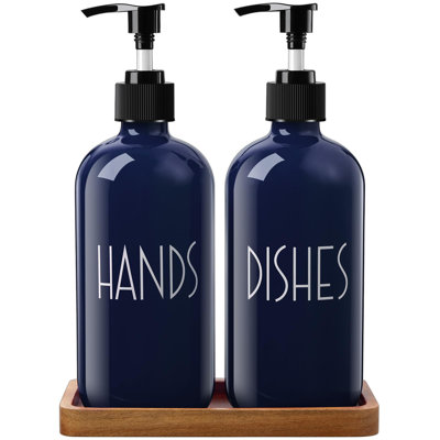 Navy Blue Dish Soap Dispenser For Kitchen - 16 OZ Hand Soap Dispenser Set With Acacia Wood Tray - Blue Kitchen Bathroom Home Decor And Accessories