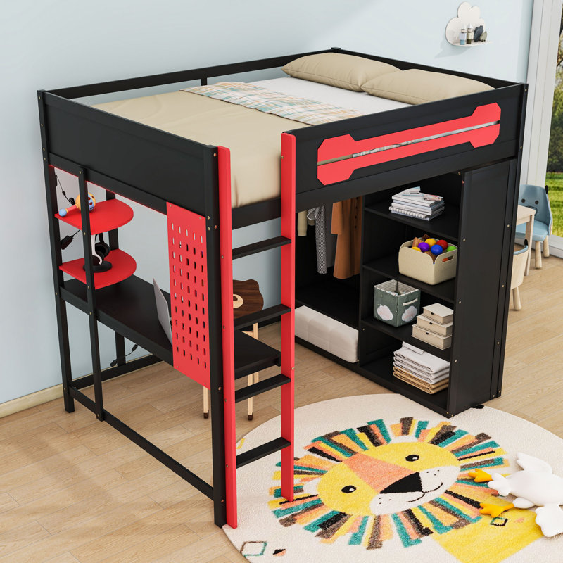 Full Wooden Loft Bed With Wardrobe, LED Strips, USB Ports And Desk, Red