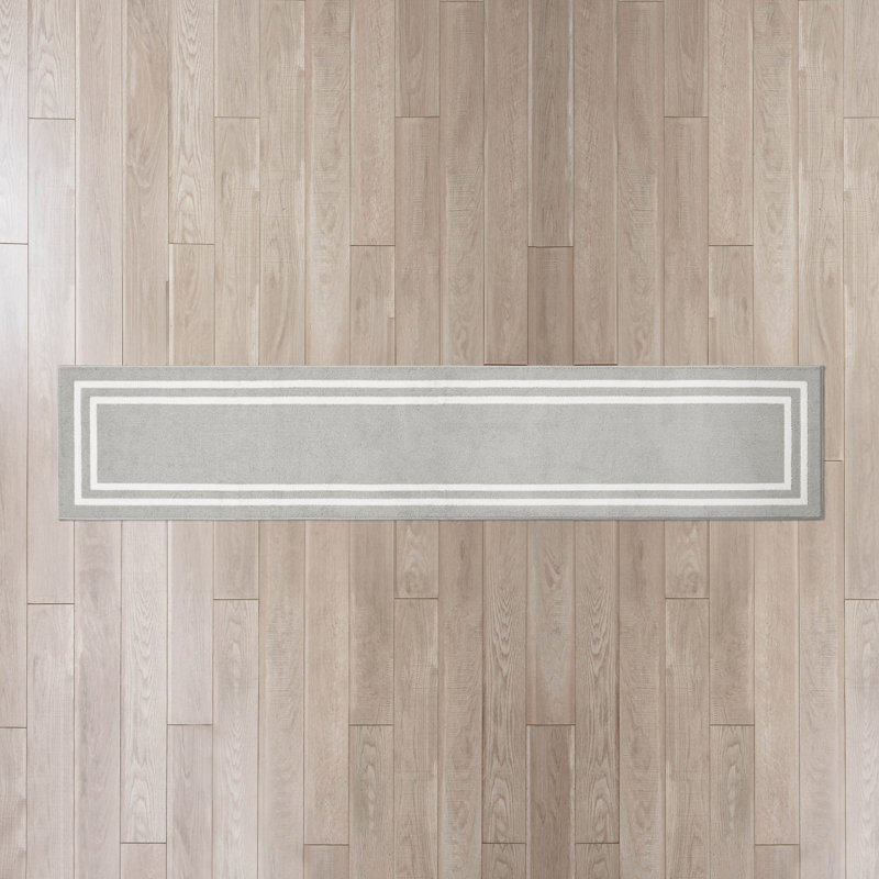 Double Border Machine Tufted Performance Light Gray/White Rug, Rectangle 2'6" x 12'